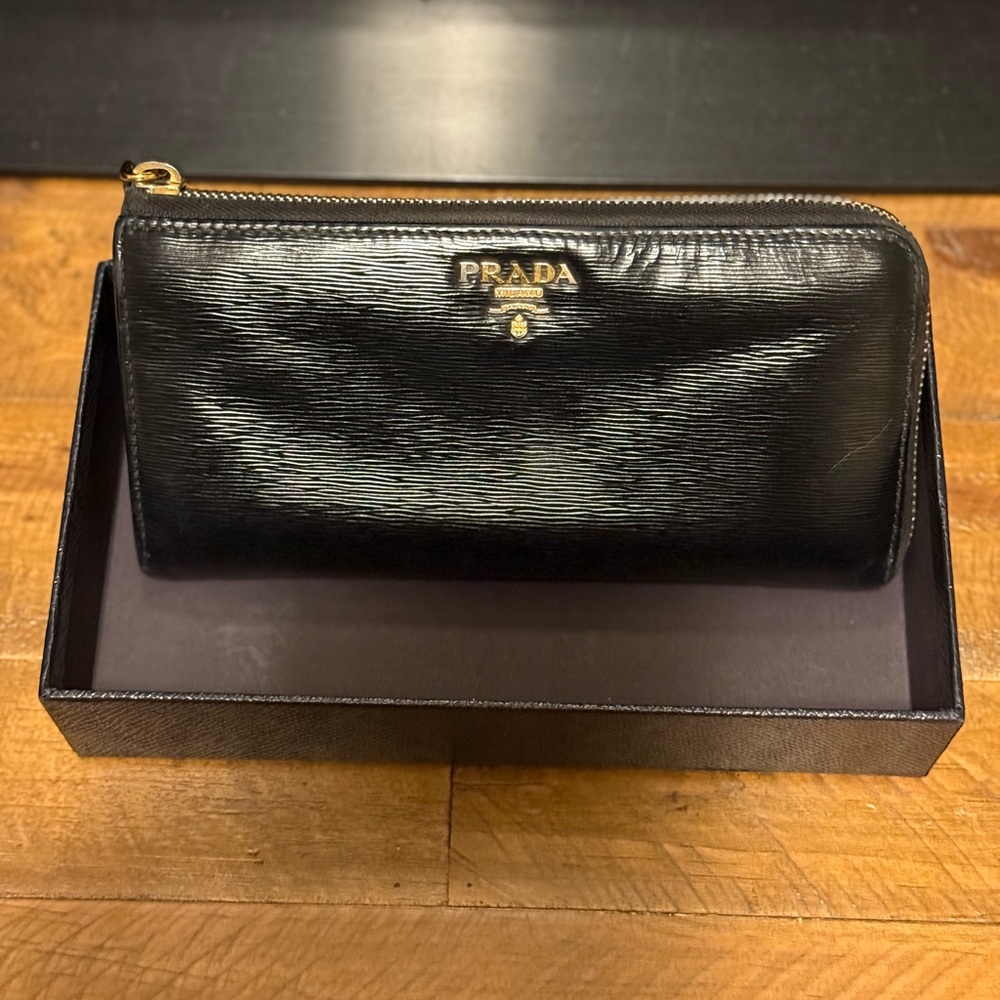 Prada Saffiano Black Leather Wallet with box